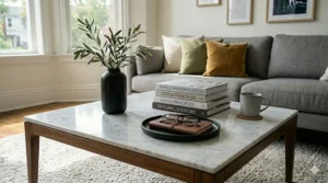 Mid-century modern coffee table with a marble top and tapered walnut wood legs.