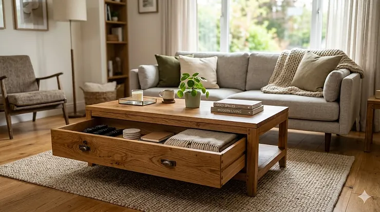 A modern wooden coffee table with storage drawers styled in a bright, contemporary living room.