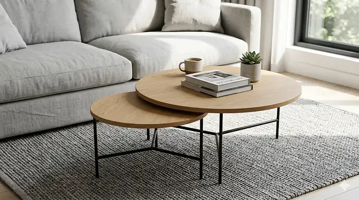 A styled modern living room featuring a set of wooden nesting coffee tables arranged on a textured area rug in front of a neutral sofa.