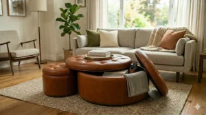 Illustration of a dual-purpose nesting ottoman coffee table with storage baskets underneath.