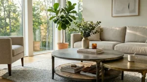Pair of black metal nesting round coffee tables layered together to save space in a small apartment.