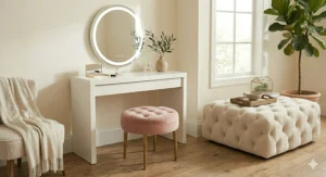 Small blush pink velvet tufted bench paired with a white makeup vanity and mirror.