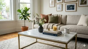 Large rectangular black marble coffee table featuring white veining on a charcoal area rug.