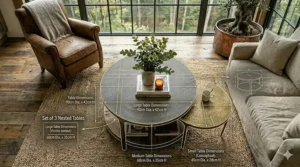 Diagram showing the standard height and diameter measurements of a large round coffee table.