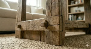 A round rustic coffee table made of reclaimed timber, perfect for a small living room layout.