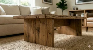 A dark oak rustic coffee table featuring built-in storage drawers and an open lower shelf.