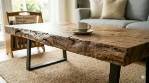 Illustration of a rustic live edge solid wood coffee table highlighting the natural bark-like perimeter.