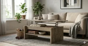 A detailed illustration of a rustic oak lift top coffee table featuring farmhouse style aesthetics.