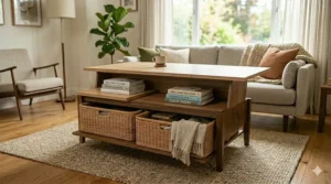 Illustration of a compact, round coffee table with storage being used to declutter a small living room.