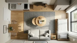 A small studio apartment layout utilizing a compact nesting coffee table to save precious floor space without sacrificing style.