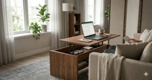 Illustration of a compact lift top coffee table used as a workspace in a small studio apartment.