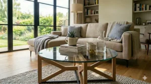 A clear glass coffee table used in a small apartment living room to create an open, airy feel.