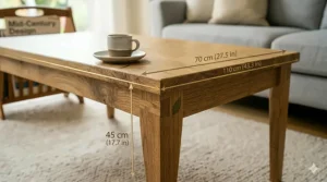 Diagram showing the height and width measurements of a standard rectangular solid wood coffee table.