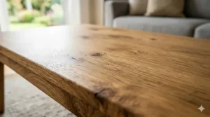 Close-up illustration of the organic wood grain and texture of a solid oak coffee table.