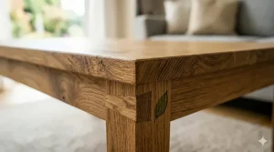 Technical illustration of durable dovetail joinery used in solid wood coffee table construction.