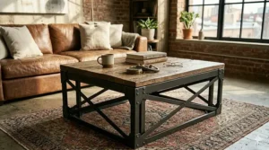 A compact square industrial coffee table placed on a textured rug in a small apartment living space.