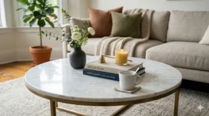 Top-down view of marble coffee table decor including art books, a ceramic vase, and a gold tray.