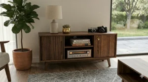 Close up detailing of the signature angled tapered legs on a solid wood mid century modern coffee table.