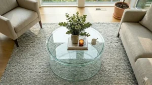 Contemporary tempered glass round coffee table with a chrome frame in a sunlit lounge.