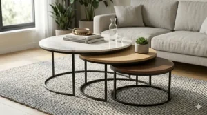 A close-up illustration of staggered, tiered nesting coffee tables holding books, a candle, and a coffee cup on different levels.
