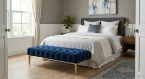 Beige upholstered tufted bench placed at the foot of a king-sized bed in a master bedroom.