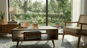 An overhead view showing the rich natural grain patterns of a walnut wood mid century modern coffee table.
