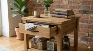 Rustic industrial 3-tier end table with storage shelves displaying books, a small potted plant, and a ceramic coffee mug.