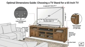 A detailed diagram showcasing the critical dimensions and ideal placement of a sturdy tv stand for 65 inch tv to ensure optimal support and prevent unstable overhang.