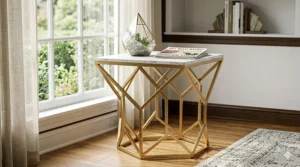 Minimalist line art illustration of an Art Deco style geometric gold end table with a hexagonal metal base.