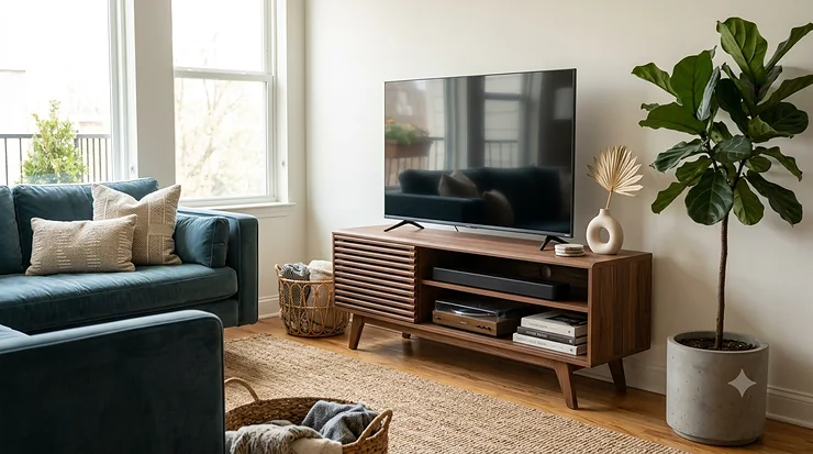 A styled living room featuring a walnut mid century modern tv stand console with tapered legs and a mounted flat-screen television.