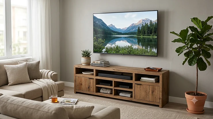 An elegant and practical wooden tv stand for 65 inch tv with a warm finish, open shelves and drawers, positioned in a tastefully decorated living area to provide a cozy and functional media setup.