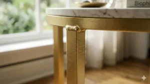 Detailed close-up illustration highlighting the satin brushed texture and seamless welding joints of a premium gold end table.