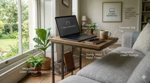 An illustration of a versatile C-shaped narrow end table sliding over a couch cushion to be used as a convenient laptop workspace.