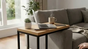 A person typing on a laptop resting on a dark walnut c table for sofa side arm use.