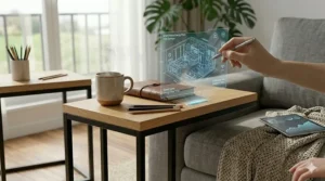 A functional c table for sofa equipped with a side fabric storage pocket holding magazines and a remote control.