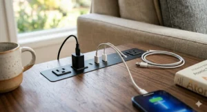 Close-up illustration of the built-in power strip on an end table, featuring dual AC outlets and rapid-charge USB ports.
