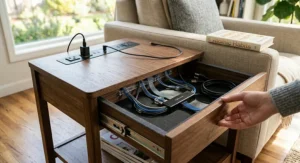 Diagram showing hidden cable management channels inside a nightstand end table with a charging station to keep cords organized.
