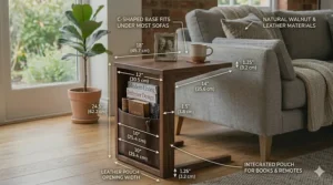 Graphic diagram illustrating the height, width, and internal shelf dimensions of a wooden end table with storage.