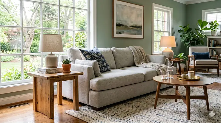 A photorealistic, high-resolution view of a modern living room featuring wood end tables with lamps beside a grey sofa under natural light. end tables for living room