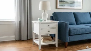Functionally designed end tables for living room with built-in storage drawers and an open bottom shelf.