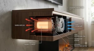 Close-up diagram illustrating the built-in infrared heater and blower vents of an electric fireplace tv stand.