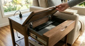A flip-top end table with a charging station hidden under a safety lid to protect power sockets from spills.