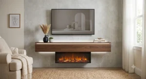 Minimalist floating fireplace tv stand mounted on a gray accent wall under a large flat-screen television.