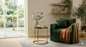 Graphic drawing highlighting the intricate geometric wire base of a contemporary gold end table.