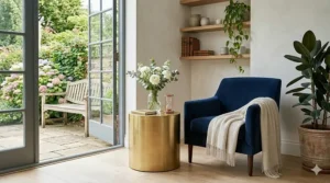 Technical illustration detailing the height and width dimensions of a standard living room gold end table.