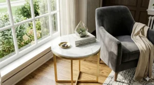 Dimension diagram illustration showing the ideal height of a gold end table next to a standard living room armchair.