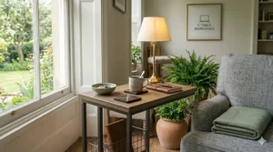 A decorative illustration demonstrating how to style a narrow end table using balanced decor items like a small table lamp, a coaster, and a green plant.
