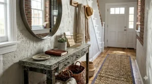 Interior design illustration demonstrating how to decorate a narrow console table using balanced artwork and lighting.