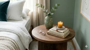 Styled round end table decorated with a scented candle, a small indoor plant, and a ceramic coaster.
