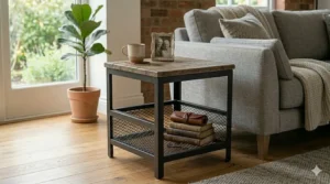 Matte black metal frame end table with storage mesh rack and a reclaimed wood tabletop.